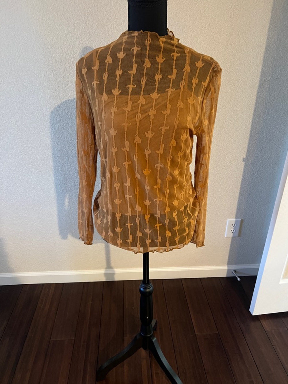 Sheer Textured Long Sleeve Tee in Camel Brown